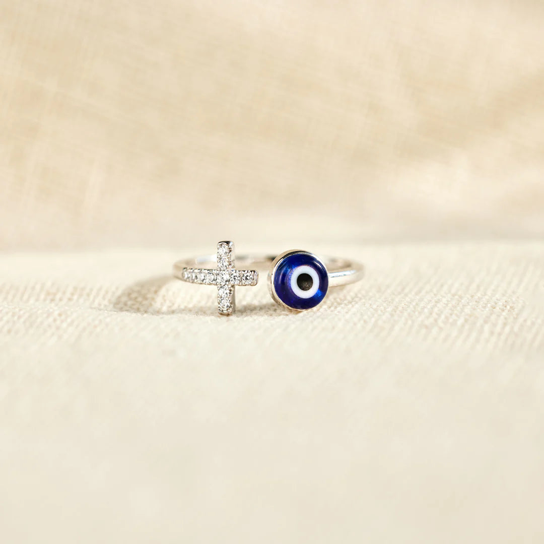 FEAR NO EVIL CROSS RING WITH EVIL EYE