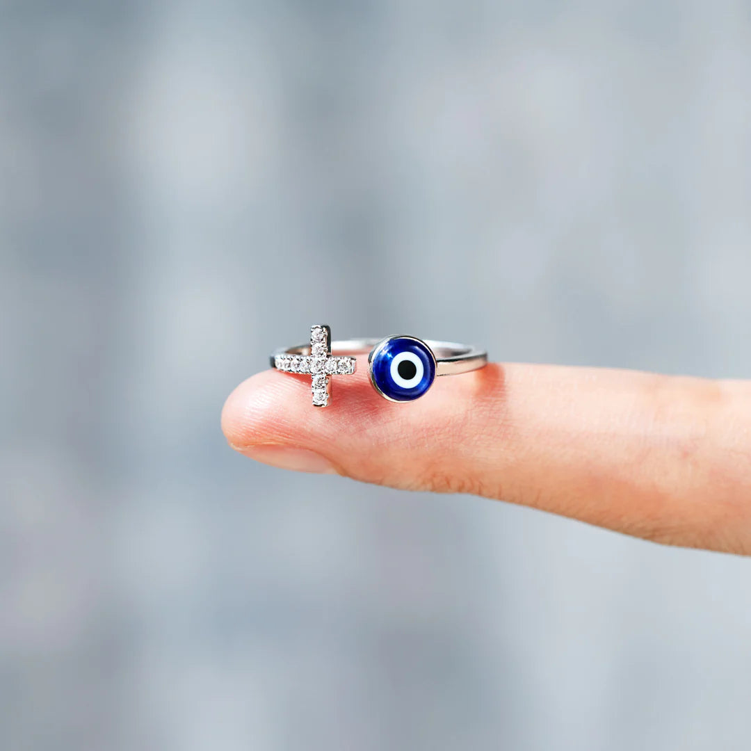 FEAR NO EVIL CROSS RING WITH EVIL EYE